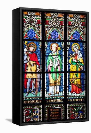 Prague, St. Vitus Cathedral, Stained Glass Window, St. Wenceslaus, St Wolfgang, St Joanna-Samuel Magal-Framed Stretched Canvas