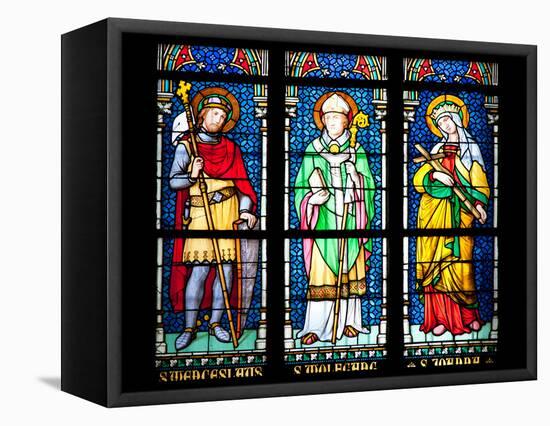 Prague, St. Vitus Cathedral, Stained Glass Window, St. Wenceslaus, St Wolfgang, St Joanna-Samuel Magal-Framed Stretched Canvas