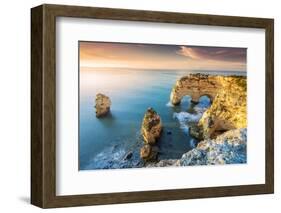 Praia de Marinha, Caramujeira, Lagoa, Algarve, Portugal. Coastal rock formations at sunrise.-Marco Bottigelli-Framed Photographic Print