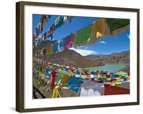 Prayer Flags Above An Artifical Lake Near the Karo-La Pass, Tibet, China, Asia-Michael Runkel-Framed Photographic Print