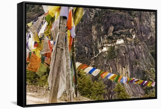Prayer Flags Along Trail to Takshang Monastery (Tiger's Nest), Bhutan-Howie Garber-Framed Stretched Canvas