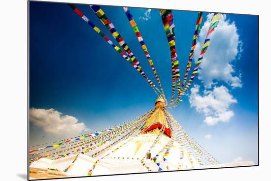 Prayer flags and Buddhist stupa at Bouddha (Boudhanath), UNESCO World Heritage Site, Kathmandu, Nep-Laura Grier-Mounted Photographic Print