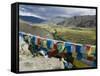 Prayer Flags and View Over Cultivated Fields, Yumbulagung Castle, Tibet, China-Ethel Davies-Framed Stretched Canvas