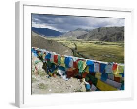 Prayer Flags and View Over Cultivated Fields, Yumbulagung Castle, Tibet, China-Ethel Davies-Framed Photographic Print