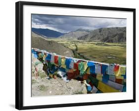 Prayer Flags and View Over Cultivated Fields, Yumbulagung Castle, Tibet, China-Ethel Davies-Framed Photographic Print