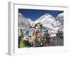 Prayer Flags at the Everest Base Camp Sign, Sagarmatha National Park, Himalayas-Christian Kober-Framed Premium Photographic Print