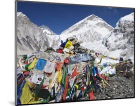 Prayer Flags at the Everest Base Camp Sign, Sagarmatha National Park, Himalayas-Christian Kober-Mounted Photographic Print