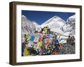 Prayer Flags at the Everest Base Camp Sign, Sagarmatha National Park, Himalayas-Christian Kober-Framed Photographic Print