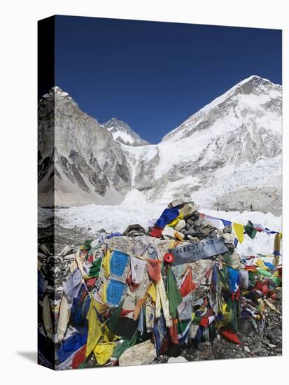 Prayer Flags at the Everest Base Camp Sign, Sagarmatha National Park, Himalayas-Christian Kober-Stretched Canvas