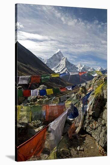 Prayer Flags, Everest Base Camp Trail, Peak of Ama Dablam, Nepal-David Noyes-Stretched Canvas