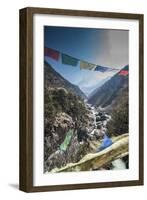 Prayer flags from bridge with Mt. Ama Dablam in background.-Lee Klopfer-Framed Photographic Print
