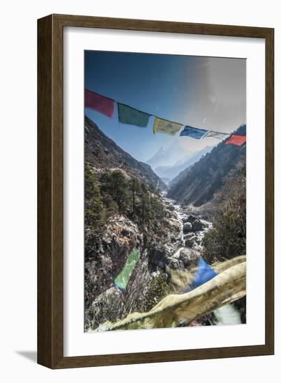 Prayer flags from bridge with Mt. Ama Dablam in background.-Lee Klopfer-Framed Photographic Print