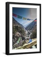 Prayer flags from bridge with Mt. Ama Dablam in background.-Lee Klopfer-Framed Photographic Print