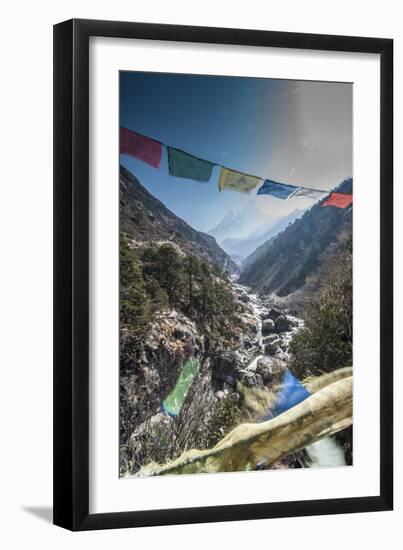 Prayer flags from bridge with Mt. Ama Dablam in background.-Lee Klopfer-Framed Photographic Print