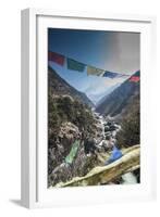 Prayer flags from bridge with Mt. Ama Dablam in background.-Lee Klopfer-Framed Photographic Print