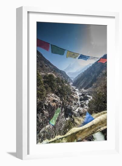 Prayer flags from bridge with Mt. Ama Dablam in background.-Lee Klopfer-Framed Photographic Print