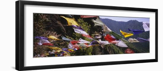 Prayer Flags in Front of a Monastery on a Mountain, Taktshang, Paro Valley, Bhutan-null-Framed Photographic Print