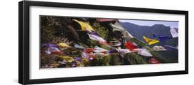 Prayer Flags in Front of a Monastery on a Mountain, Taktshang, Paro Valley, Bhutan-null-Framed Photographic Print
