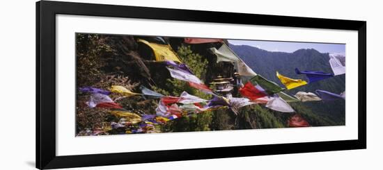 Prayer Flags in Front of a Monastery on a Mountain, Taktshang, Paro Valley, Bhutan-null-Framed Photographic Print