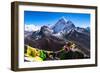 Prayer flags in Himalayas, Nepal with Ama Dablam mountain from high elevation with snow and lake-David Chang-Framed Photographic Print