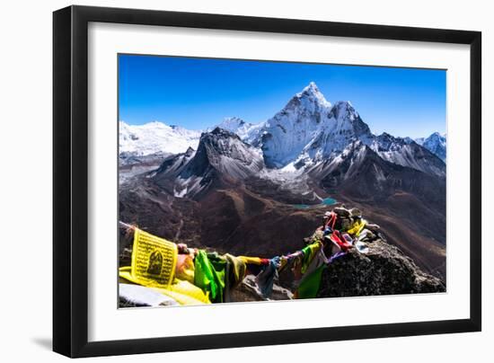 Prayer flags in Himalayas, Nepal with Ama Dablam mountain from high elevation with snow and lake-David Chang-Framed Photographic Print