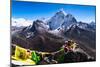 Prayer flags in Himalayas, Nepal with Ama Dablam mountain from high elevation with snow and lake-David Chang-Mounted Photographic Print