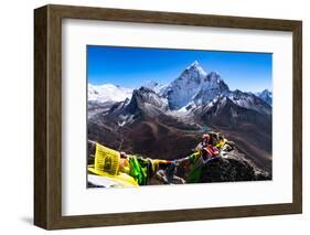 Prayer flags in Himalayas, Nepal with Ama Dablam mountain from high elevation with snow and lake-David Chang-Framed Photographic Print