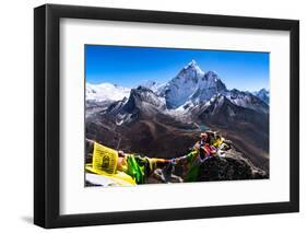 Prayer flags in Himalayas, Nepal with Ama Dablam mountain from high elevation with snow and lake-David Chang-Framed Photographic Print