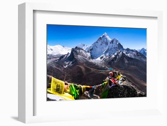 Prayer flags in Himalayas, Nepal with Ama Dablam mountain from high elevation with snow and lake-David Chang-Framed Photographic Print