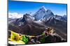 Prayer flags in Himalayas, Nepal with Ama Dablam mountain from high elevation with snow and lake-David Chang-Mounted Photographic Print