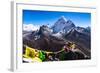 Prayer flags in Himalayas, Nepal with Ama Dablam mountain from high elevation with snow and lake-David Chang-Framed Photographic Print