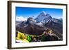 Prayer flags in Himalayas, Nepal with Ama Dablam mountain from high elevation with snow and lake-David Chang-Framed Photographic Print