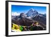 Prayer flags in Himalayas, Nepal with Ama Dablam mountain from high elevation with snow and lake-David Chang-Framed Photographic Print