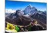 Prayer flags in Himalayas, Nepal with Ama Dablam mountain from high elevation with snow and lake-David Chang-Mounted Photographic Print