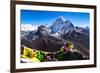 Prayer flags in Himalayas, Nepal with Ama Dablam mountain from high elevation with snow and lake-David Chang-Framed Photographic Print