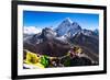 Prayer flags in Himalayas, Nepal with Ama Dablam mountain from high elevation with snow and lake-David Chang-Framed Photographic Print