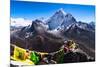 Prayer flags in Himalayas, Nepal with Ama Dablam mountain from high elevation with snow and lake-David Chang-Mounted Photographic Print