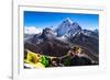 Prayer flags in Himalayas, Nepal with Ama Dablam mountain from high elevation with snow and lake-David Chang-Framed Photographic Print