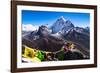 Prayer flags in Himalayas, Nepal with Ama Dablam mountain from high elevation with snow and lake-David Chang-Framed Photographic Print