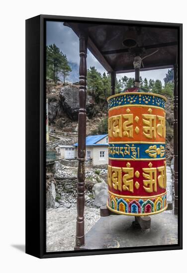 Prayer wheel along a trail, Phakding, Nepal.-Lee Klopfer-Framed Stretched Canvas