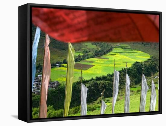 Praying Flags with Village and Farmlands at Pepe La Pass, Phobjikha Valley, Gangtey, Bhutan-Keren Su-Framed Stretched Canvas