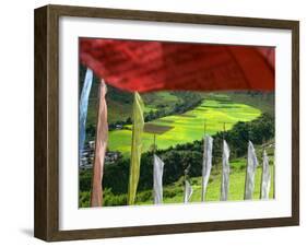 Praying Flags with Village and Farmlands at Pepe La Pass, Phobjikha Valley, Gangtey, Bhutan-Keren Su-Framed Photographic Print