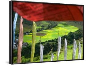 Praying Flags with Village and Farmlands at Pepe La Pass, Phobjikha Valley, Gangtey, Bhutan-Keren Su-Framed Photographic Print