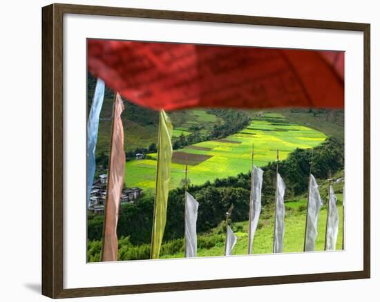 Praying Flags with Village and Farmlands at Pepe La Pass, Phobjikha Valley, Gangtey, Bhutan-Keren Su-Framed Photographic Print