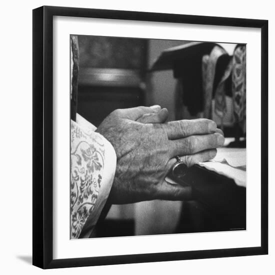 Praying Hands of Monk Churchman Resting on Table During Mass at St. Benedict's Abbey-Gordon Parks-Framed Photographic Print