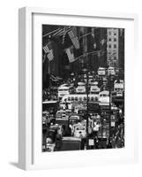 Pre-Christmas Holiday Traffic on 57th Avenue, Teeming with Double Decker Busses, Trucks and Cars-Andreas Feininger-Framed Photographic Print