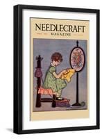 Pre-Teen Cross-Stitches a Fabric-null-Framed Art Print