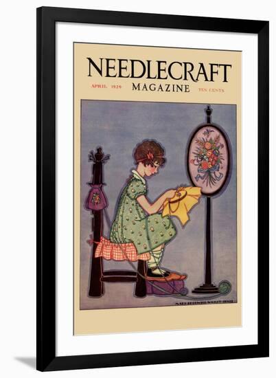 Pre-Teen Cross-Stitches a Fabric-null-Framed Art Print