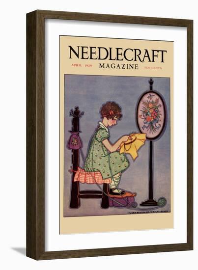 Pre-Teen Cross-Stitches a Fabric-null-Framed Art Print