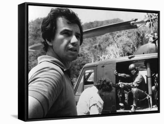 PREDATOR, 1987 directed by JOHN McTIERNAN On the set, the director, John McTiernan (b/w photo)-null-Framed Stretched Canvas